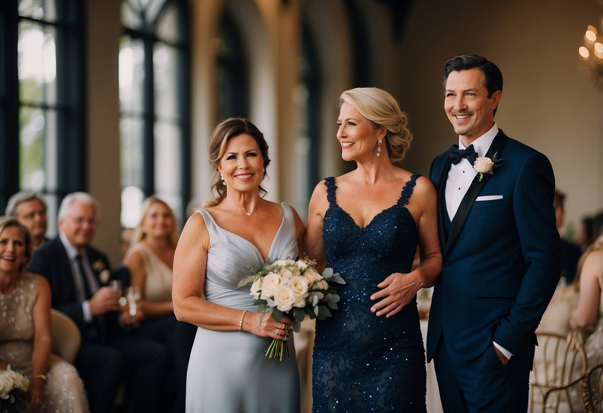 The groom's mother wears a deep navy blue gown, standing next to the bride in her stunning champagne-colored dress