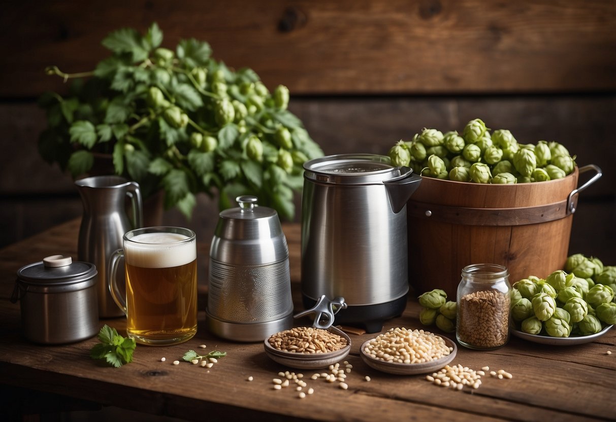 A DIY brew kit sits on a rustic wooden table, surrounded by hops, barley, and brewing equipment. A personalized label reads "Wedding Gift for the Groom."