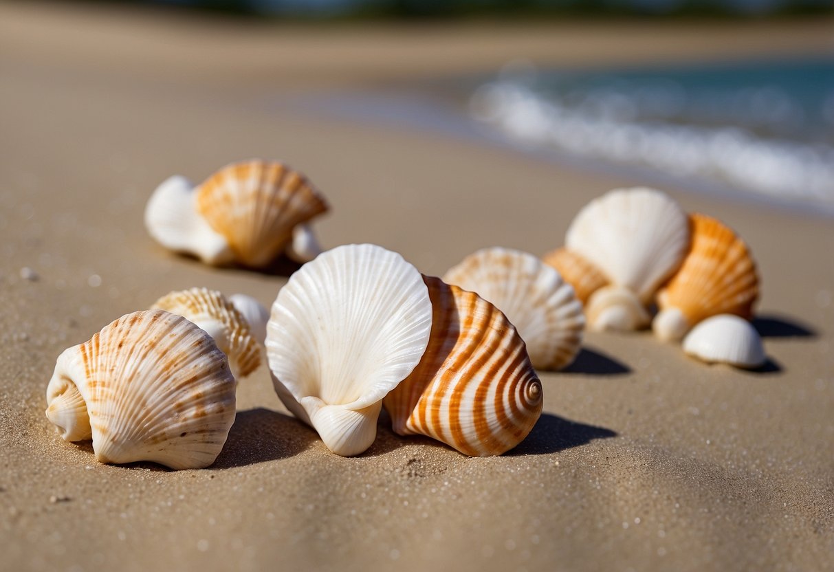 Seashell boutonnières arranged on a rustic wooden table with sand and seashells scattered around. Waves crashing in the background