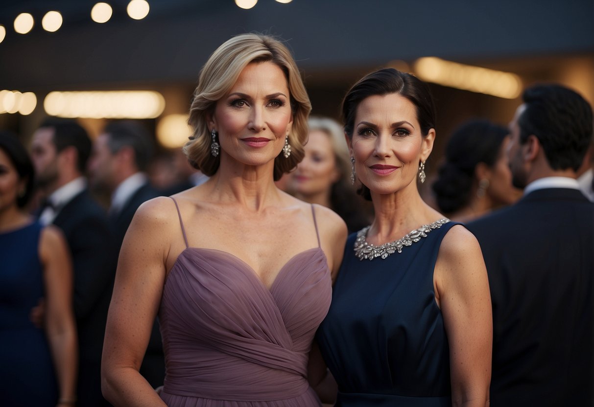 A woman in a mauve evening dress stands next to the groom's mother, who wears a deep navy blue gown