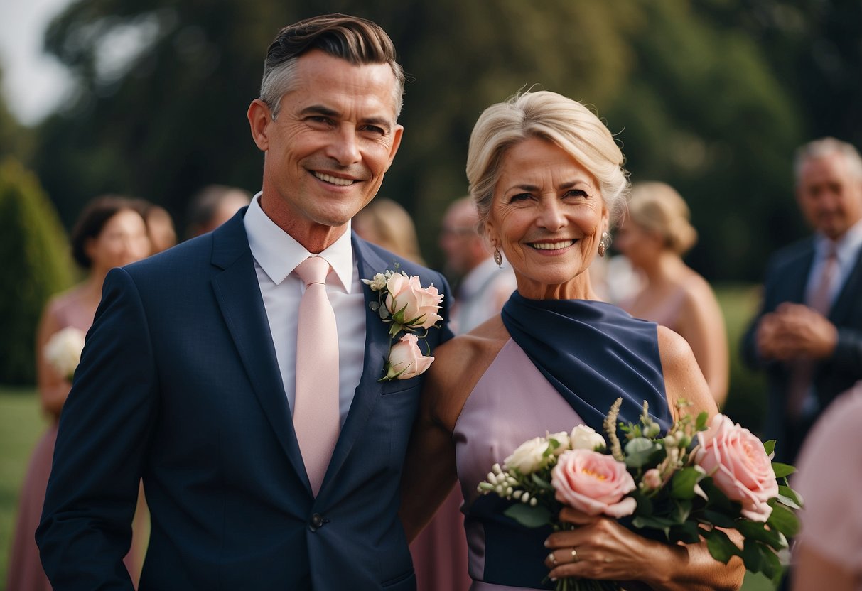 The groom's mother wears a deep navy blue outfit, contrasting beautifully with the dusty rose attire of the wedding party