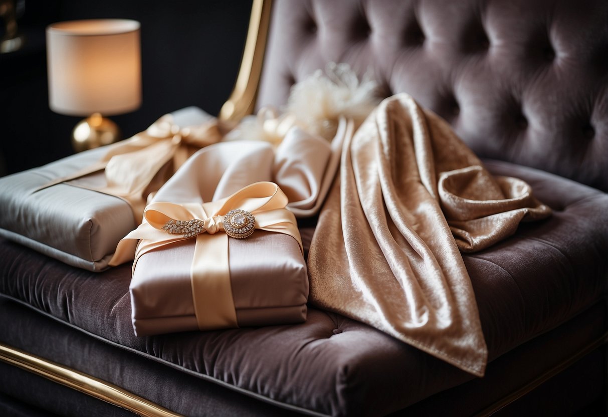 A luxurious robe displayed on a velvet cushion, surrounded by elegant wedding gift items for the groom