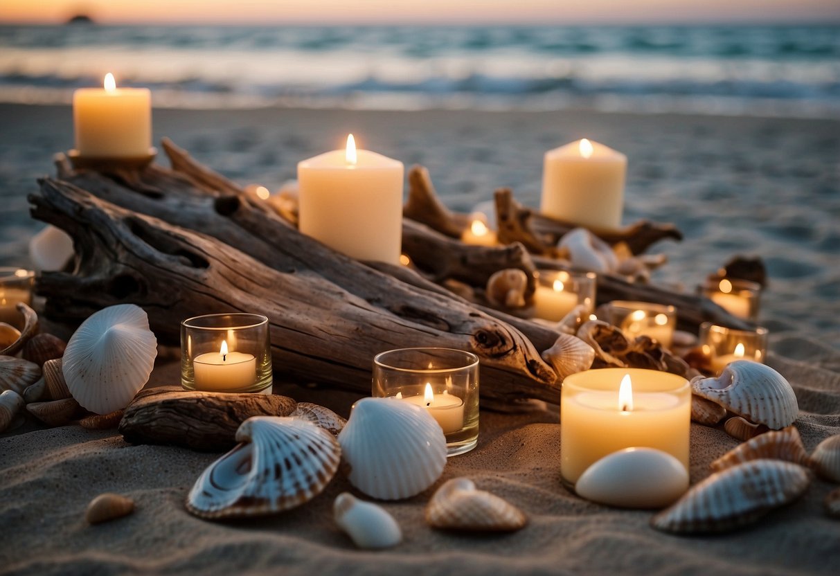 Driftwood centerpieces arranged on a table, surrounded by seashells and candles. Beach setting with waves in the background