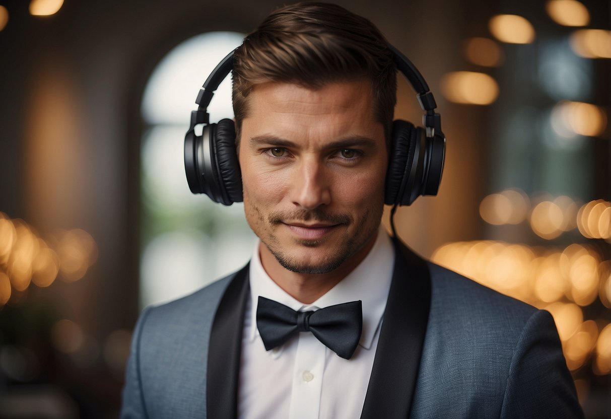 A groom unwraps noise-canceling headphones, a thoughtful wedding gift