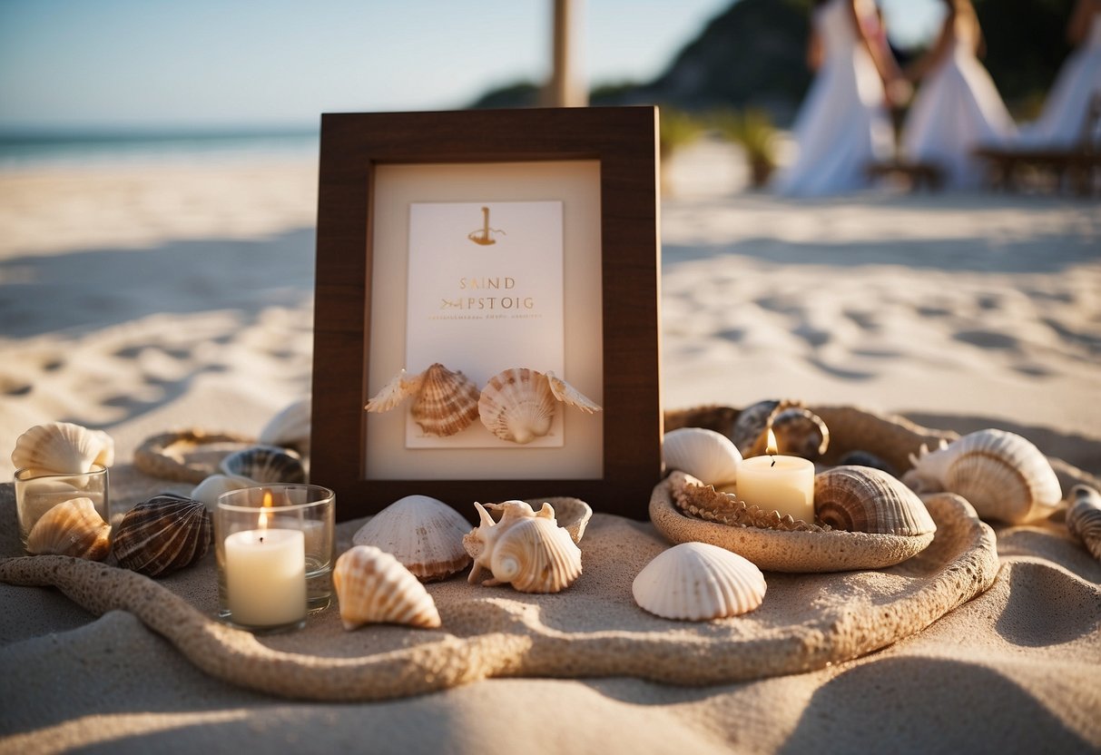 A simple beach wedding setup with a sand ceremony set, surrounded by seashells and driftwood on the sand