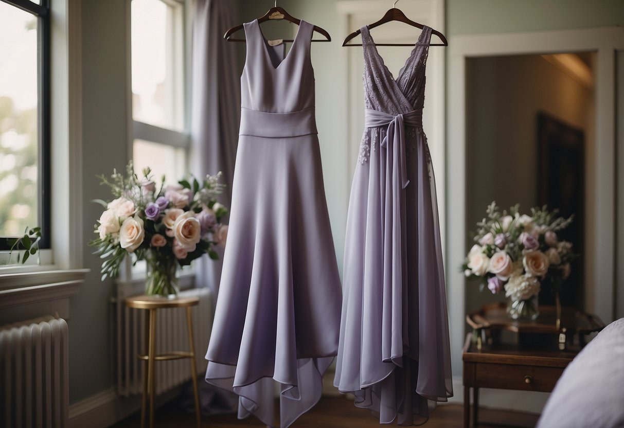 A lavender wrap dress hangs on a hanger, while the groom's mother's dress in a complementary color is draped nearby