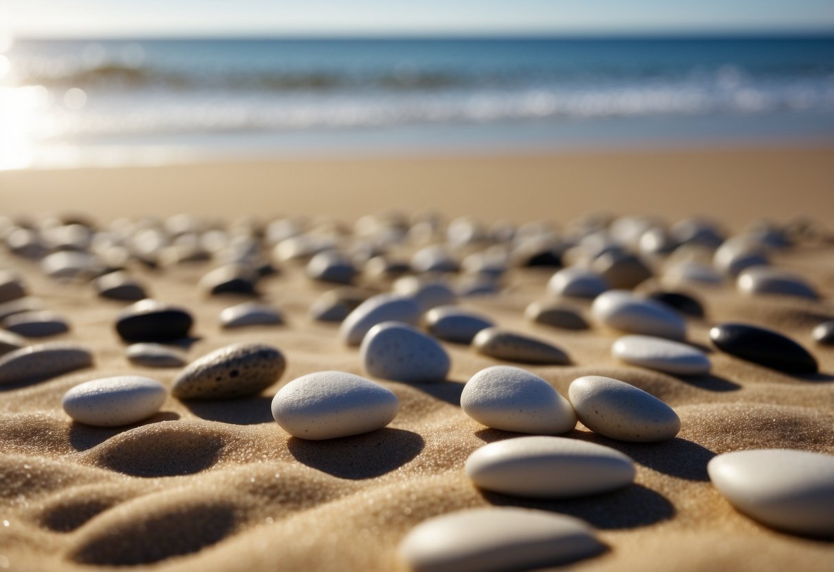 Pebble place cards arranged on a sandy beach with gentle waves in the background, sunlight casting soft shadows