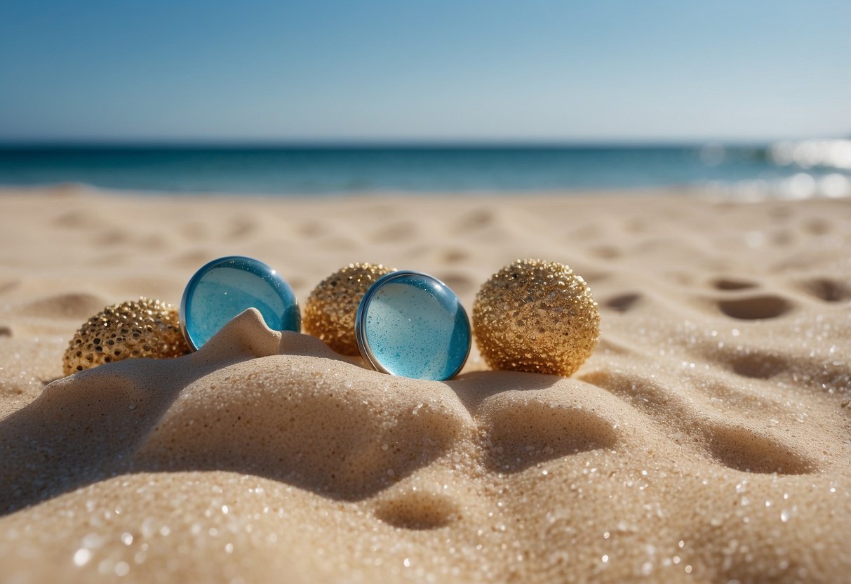 A serene beach with soft sand, gentle waves, and a clear blue sky, adorned with simple DIY decorations for a low-budget wedding