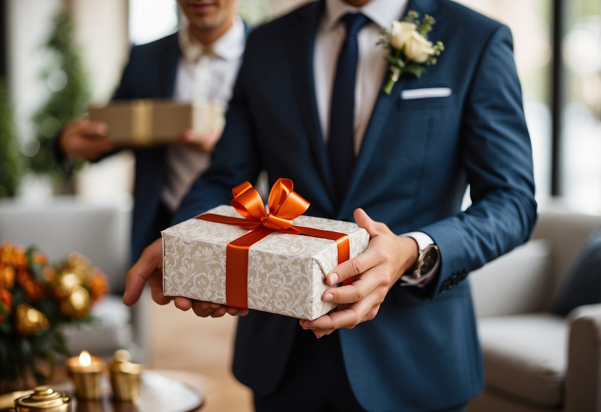 A groom receiving a gift box filled with experience-based presents, such as concert tickets, cooking classes, and adventure activities