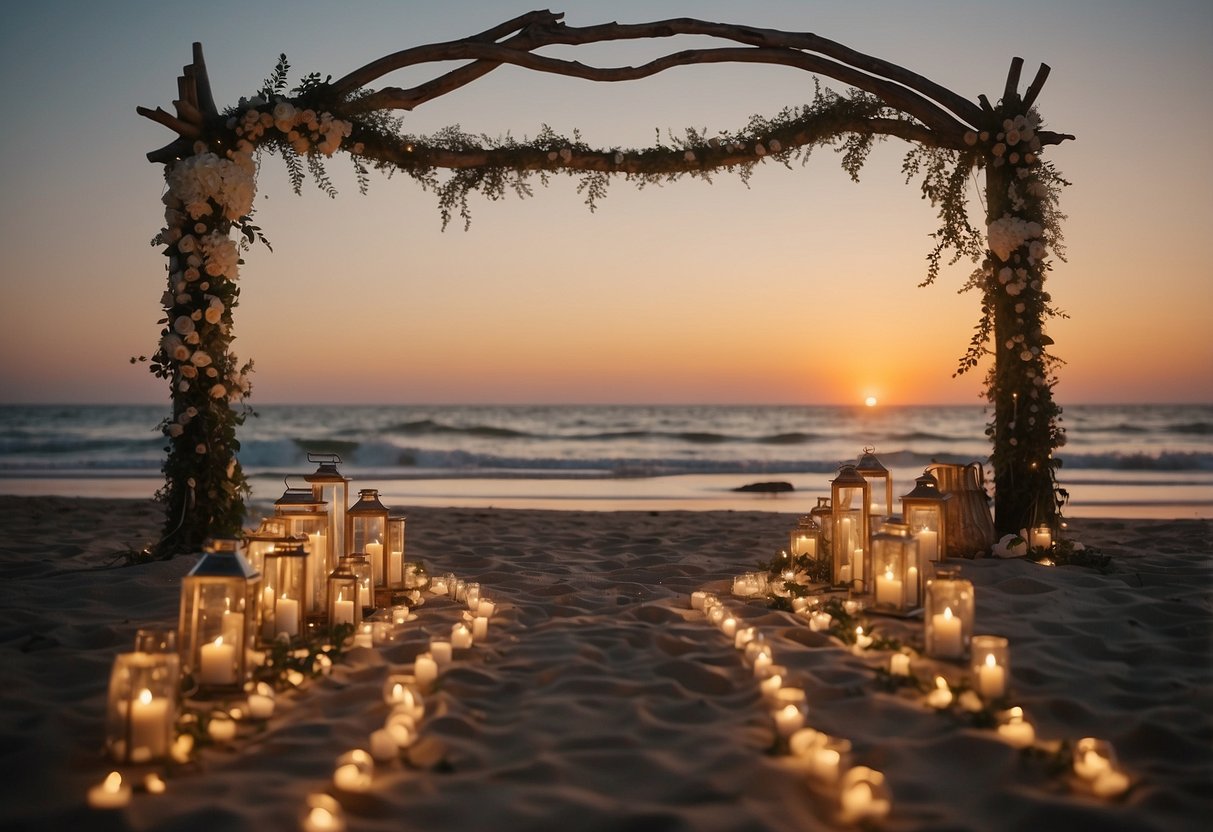 A beach wedding with handmade decorations: driftwood arch, seashell garlands, and lanterns in the sand