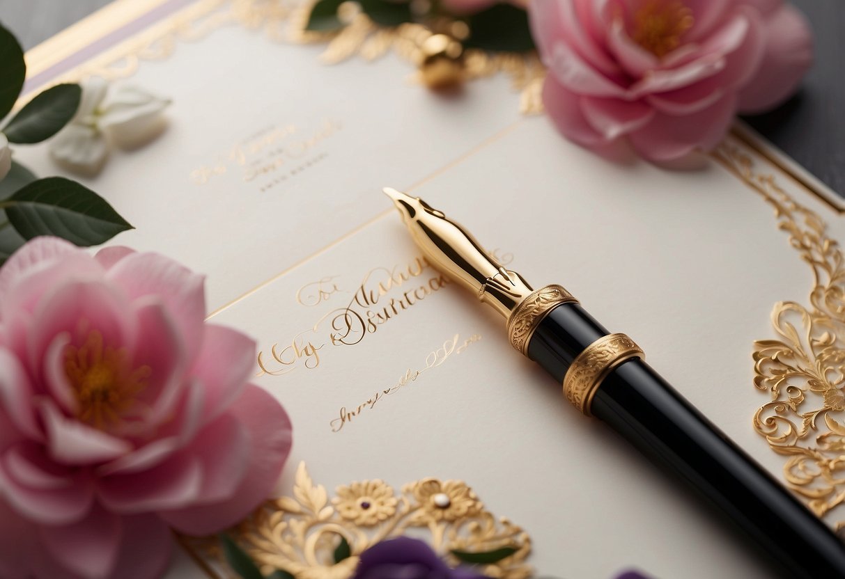 A beautiful calligraphy pen writes elegant wedding invitation wording on a luxurious piece of paper, surrounded by delicate floral designs