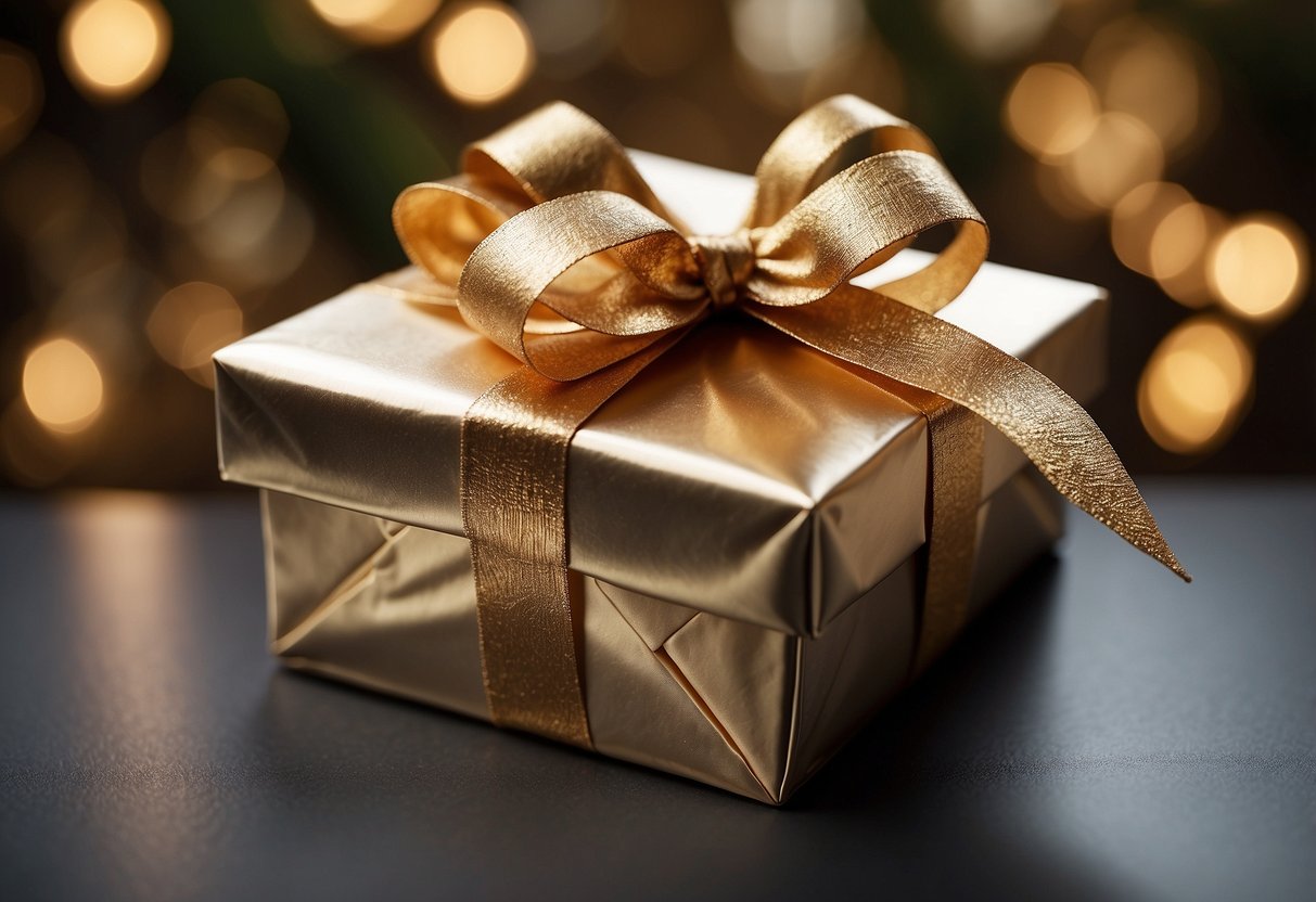 A wrapped gift box with a bow and a card