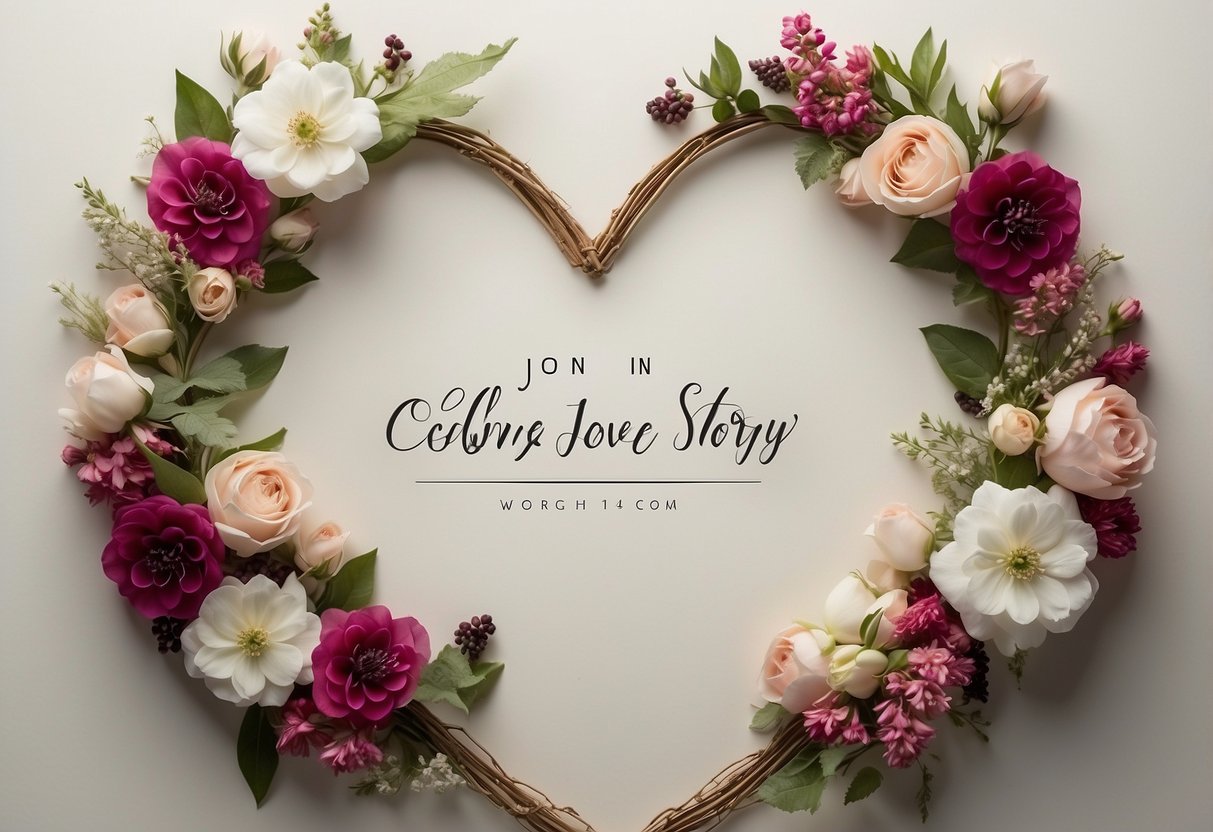 A heart-shaped wreath of flowers surrounds the words "Join us in celebrating our love story" - Jane and John wedding invitation wording ideas