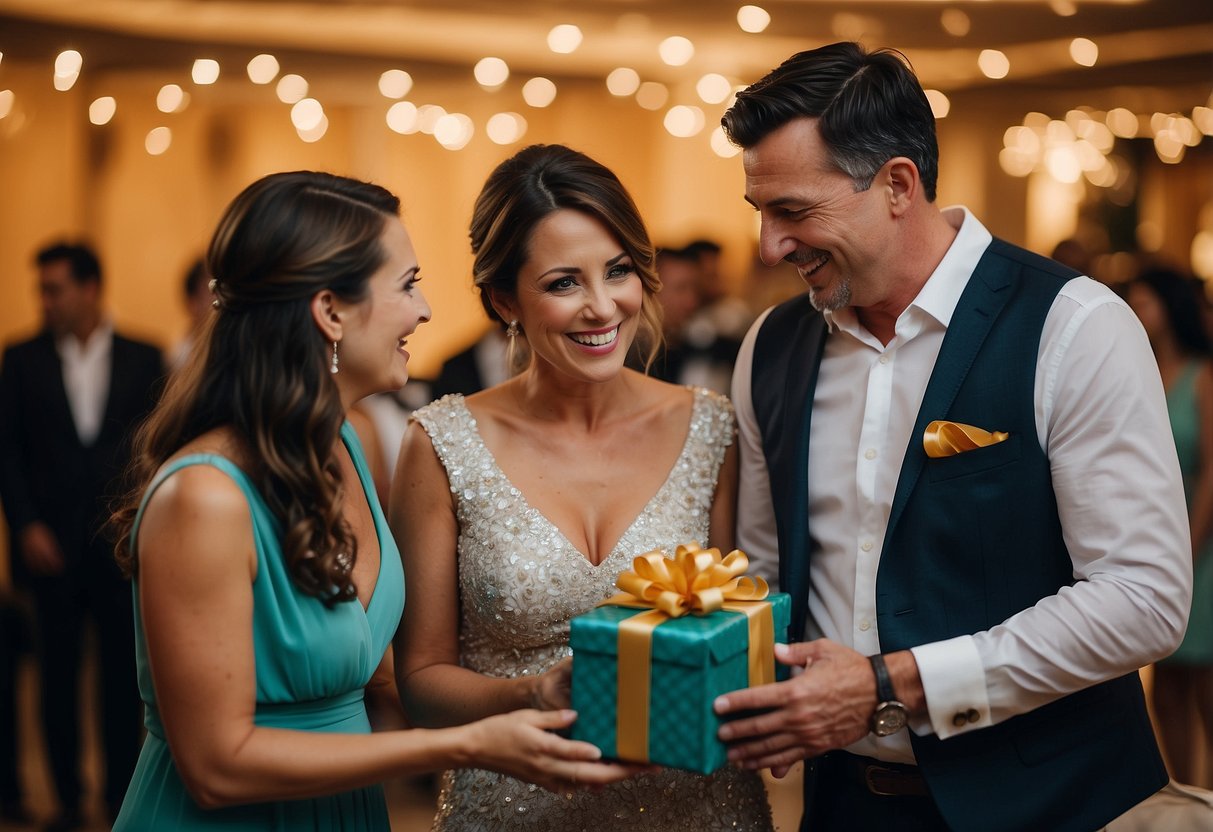 Parents present a wrapped gift to their son at his wedding