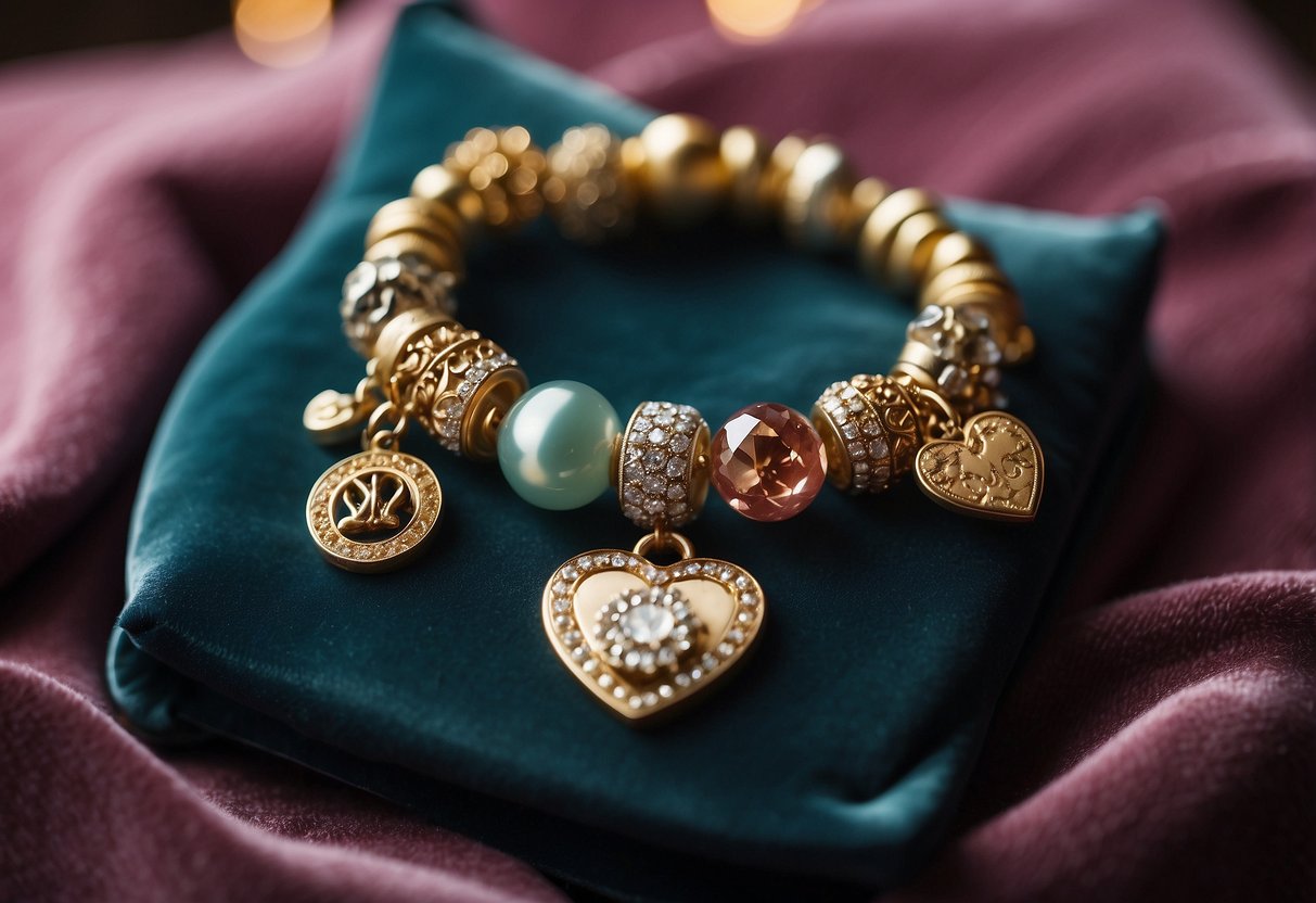 A charm bracelet lies on a velvet cushion, adorned with delicate trinkets symbolizing love, happiness, and blessings, a gift from a mother-in-law to her new daughter