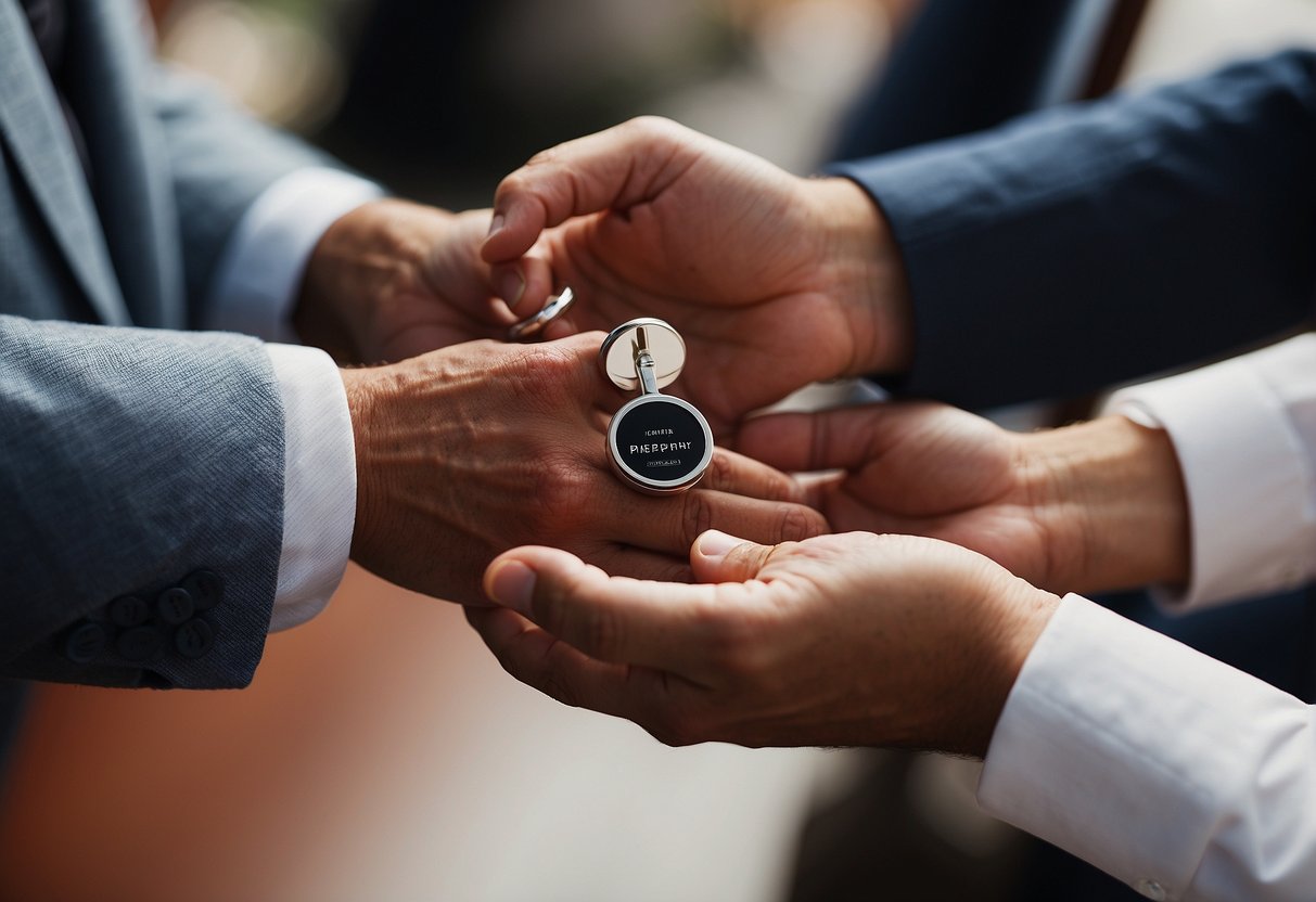 Parents present personalized cufflinks to their son on his wedding day