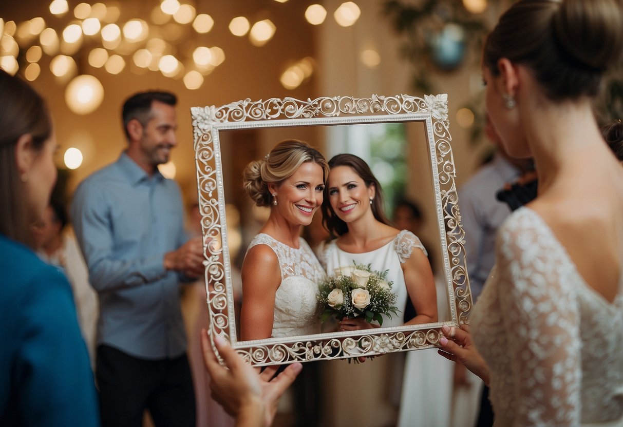 A personalized wedding frame is being presented by a mother-in-law to the bride