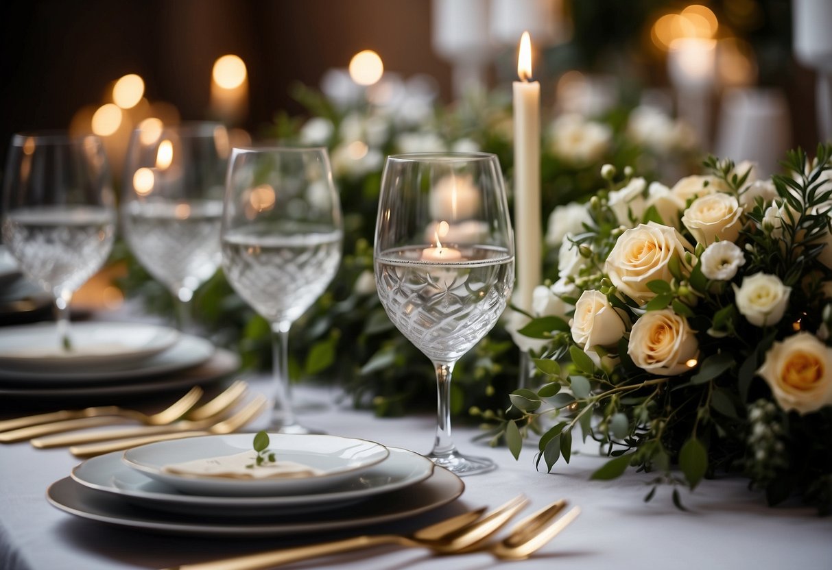 A festive table setting with elegant place settings, surrounded by flowers and candles, symbolizing a complete celebration