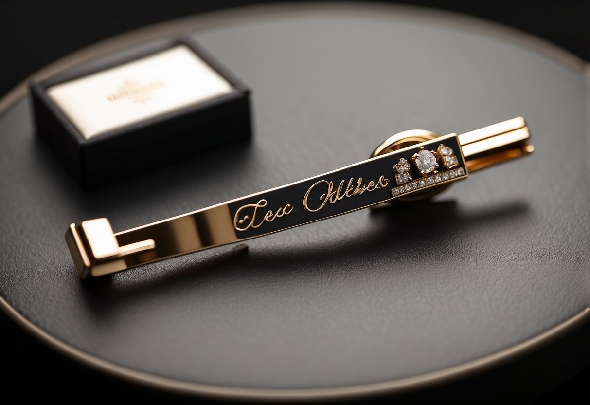 A custom tie clip is presented in a velvet box with a handwritten note