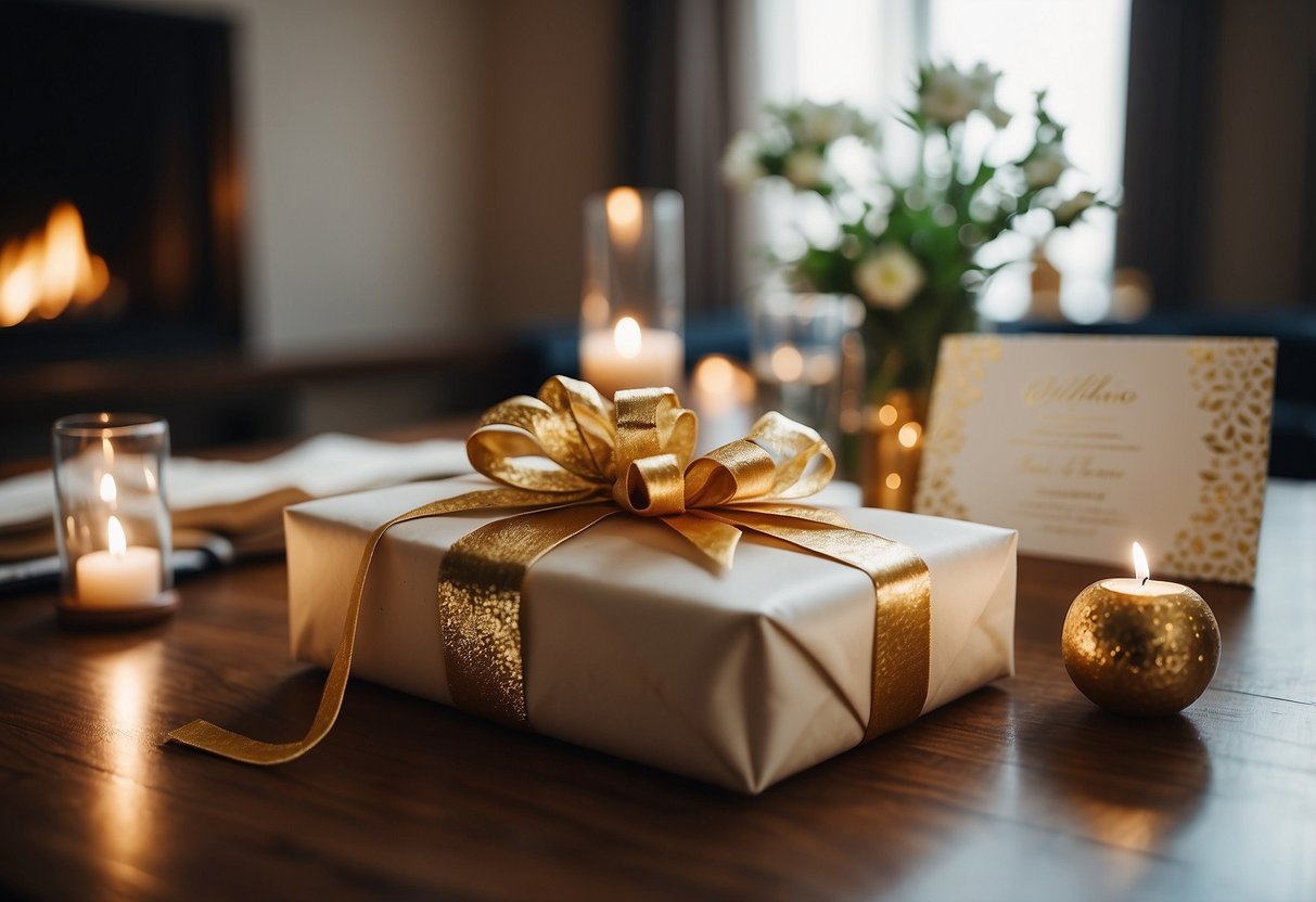 Parents place a wrapped gift and handwritten letter on a table for their son's wedding day