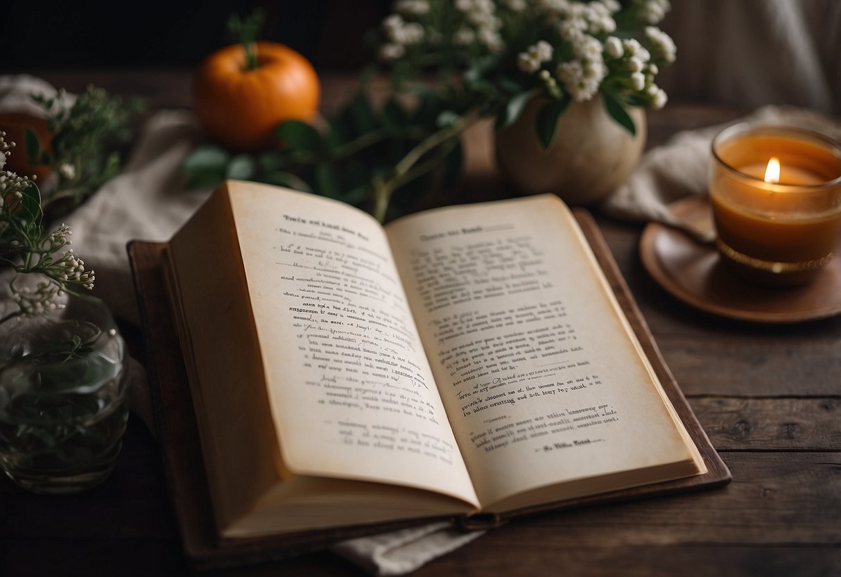 A handwritten recipe book is being passed from a mother-in-law to a bride