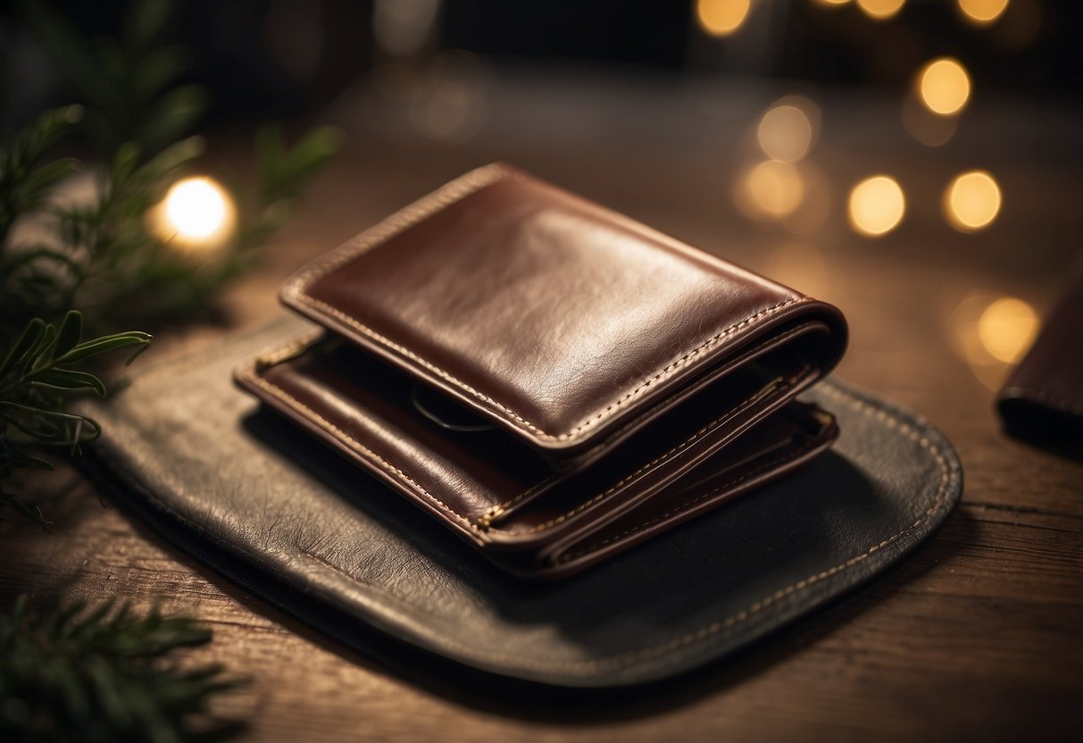 A classic leather wallet is presented as a gift on a wedding day