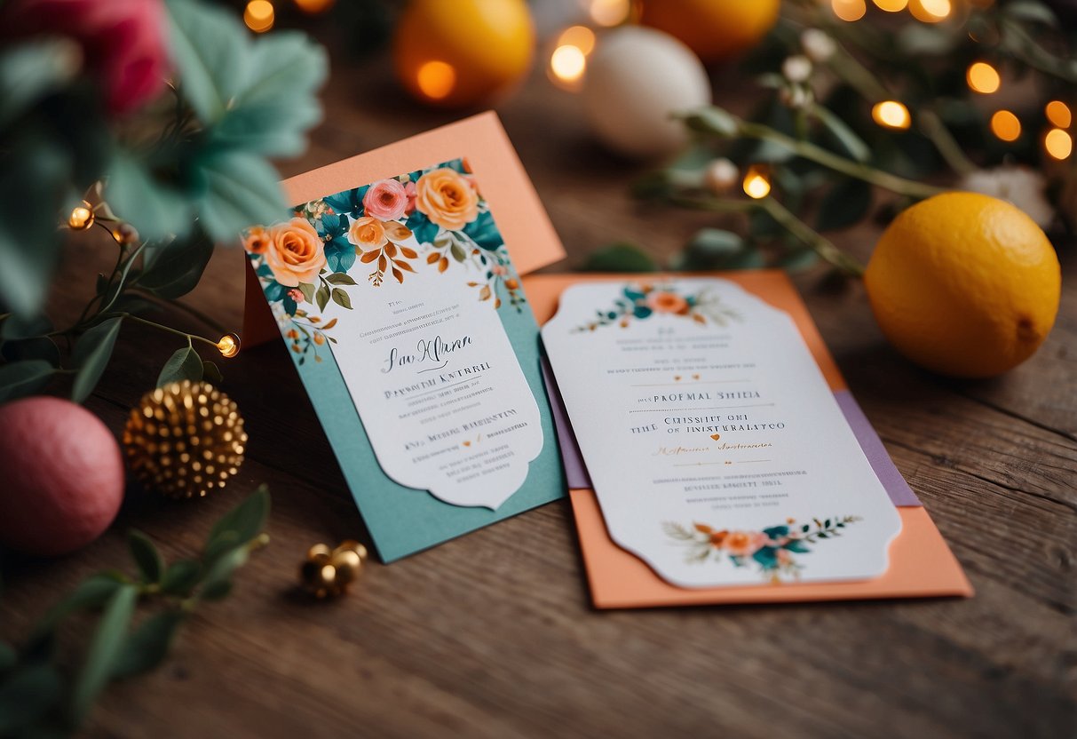 A colorful, festive wedding invitation with vibrant decorations and lively atmosphere