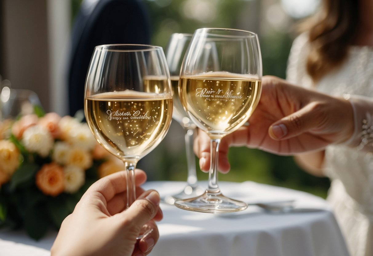 A mother-in-law presents a set of personalized wine glasses to the bride