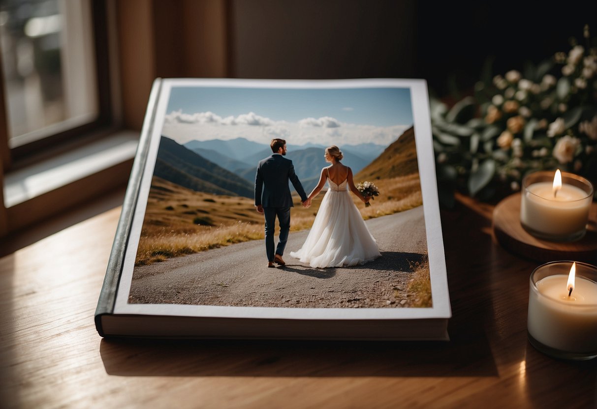 A sentimental photo book is presented to a groom on his wedding day by his parents