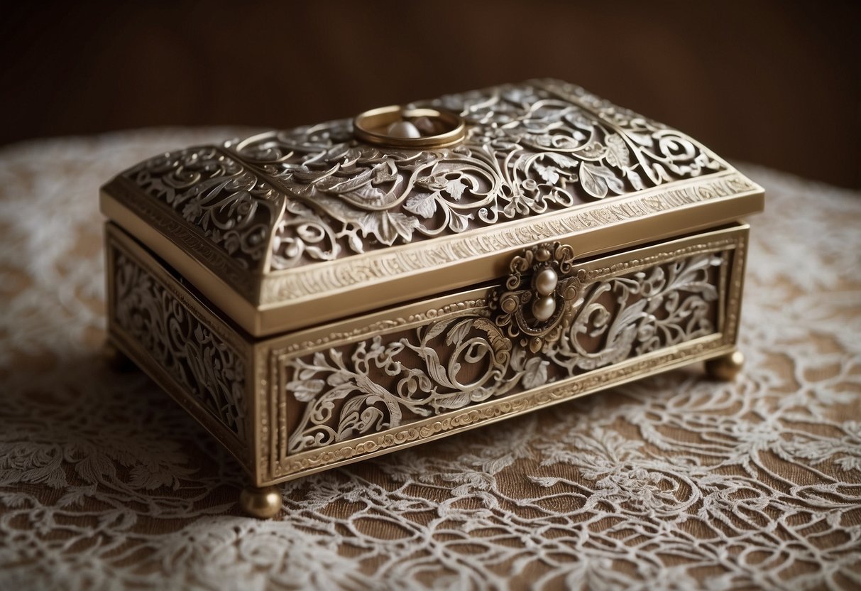 An antique jewelry box sits on a lace-covered table, adorned with intricate carvings and delicate metalwork. A note reads "To my dear daughter-in-law, with love."