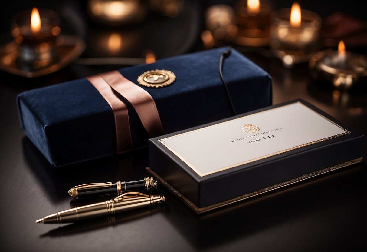 A luxury pen set rests on a velvet cushion, surrounded by elegant packaging and a handwritten note