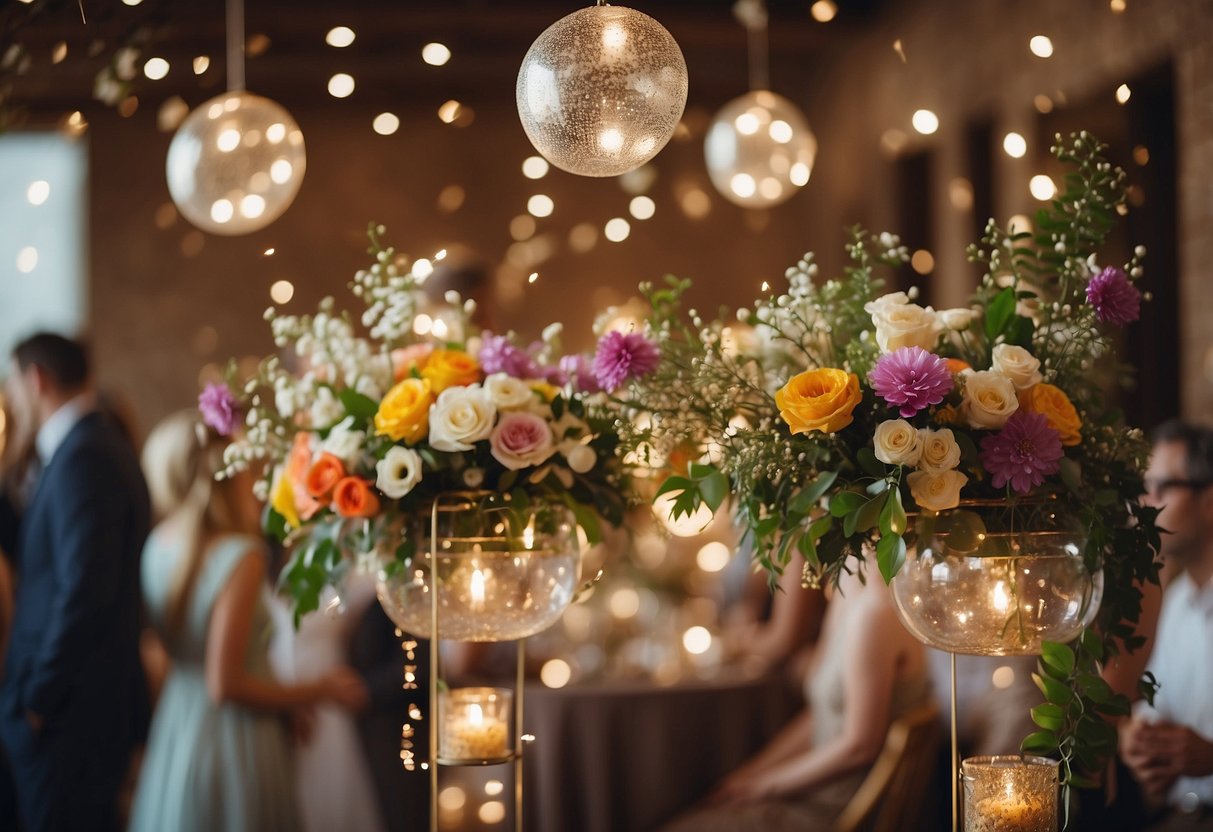 A festive wedding scene with colorful decorations, flowers, and joyful guests celebrating