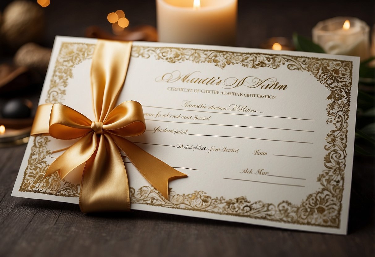 A delicate spa gift certificate is presented with a bow and a note from a mother-in-law to the bride