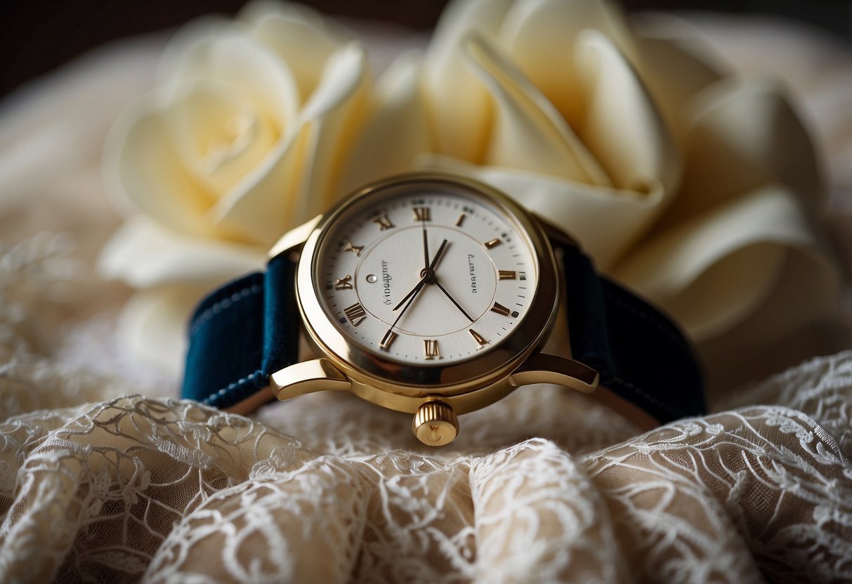 A vintage wristwatch rests on a velvet cushion, surrounded by delicate lace and a handwritten note from the parents to their son on his wedding day