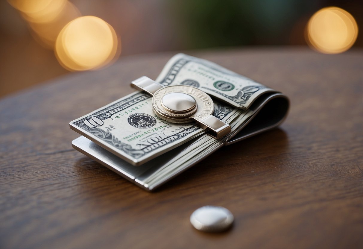 A silver money clip sits on a polished wooden table, surrounded by delicate wedding decorations