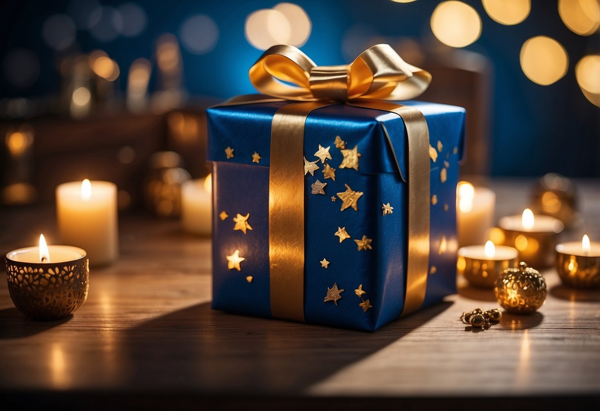 A wrapped gift box sits on a table, surrounded by traditional and modern symbols of celebration