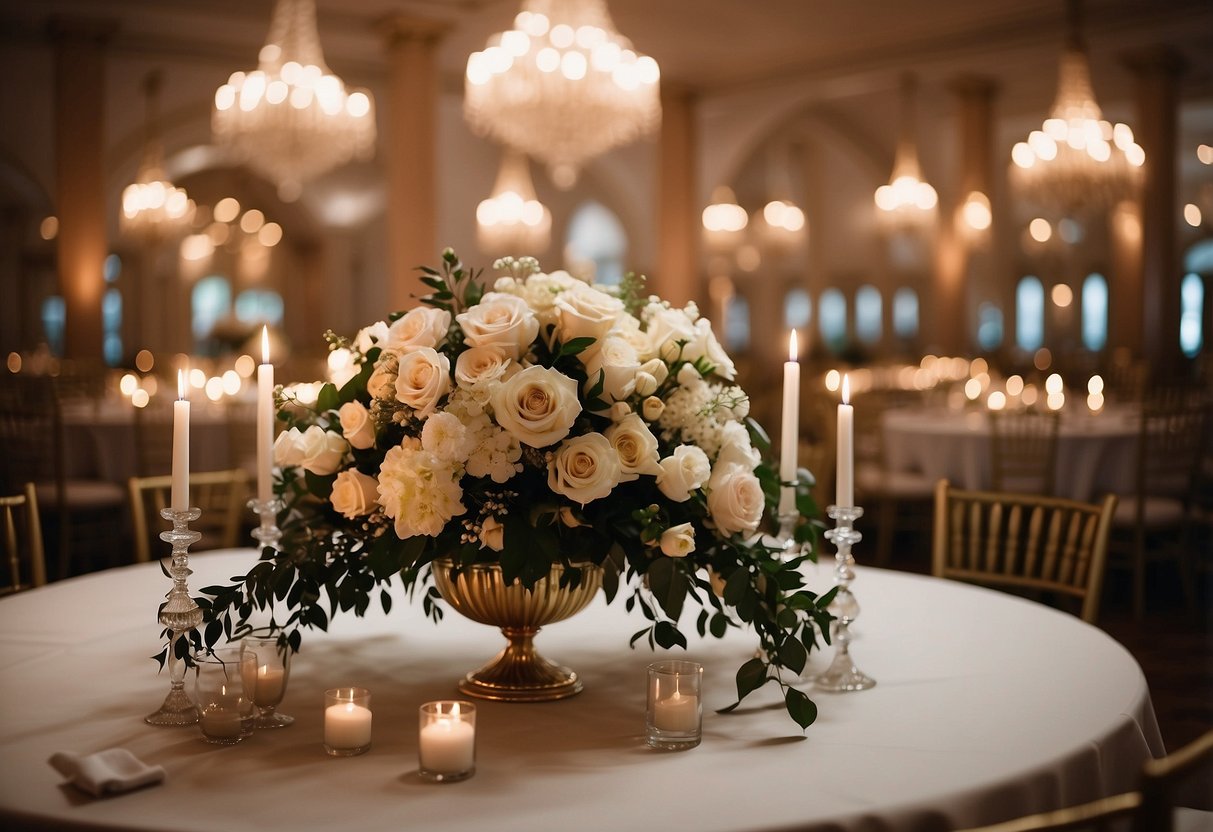 A grand ballroom with cascading floral centerpieces, soft candlelight, and flowing drapery creating an elegant ambiance for a wedding reception