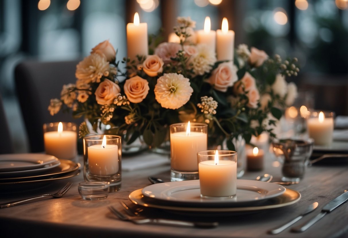 A table adorned with simple, elegant floral arrangements and candles. Subtle colors and soft lighting create a romantic and inviting atmosphere