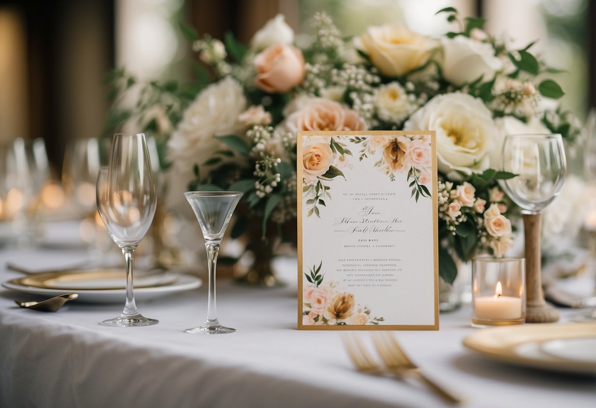 A table adorned with elegant hand-painted invitations for a wedding. Delicate floral designs and calligraphy