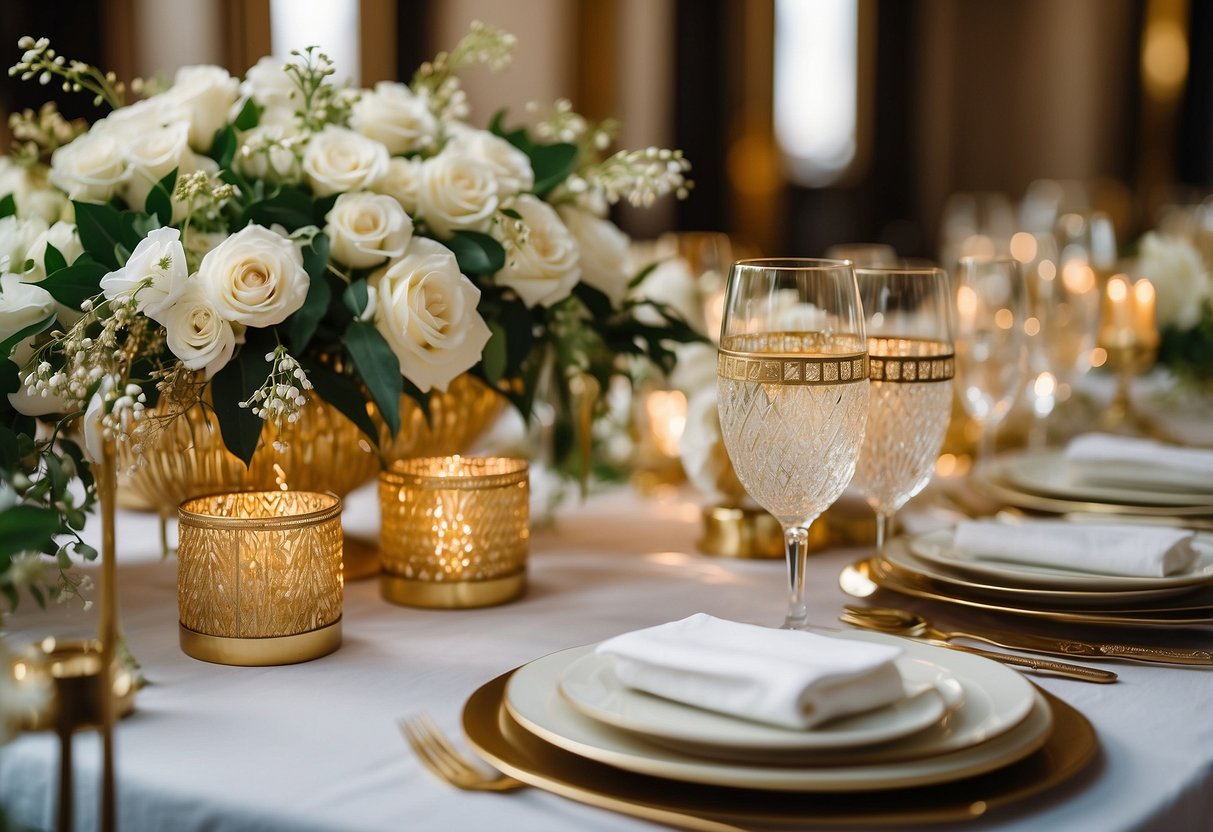 A lavish table setting with art deco centerpieces, featuring gold accents and cascading white flowers for a Gatsby-inspired wedding