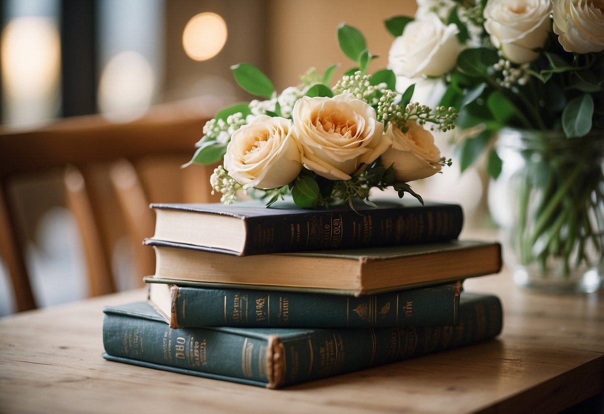 A stack of vintage books serves as a base for a simple wedding centerpiece, adorned with fresh flowers and greenery