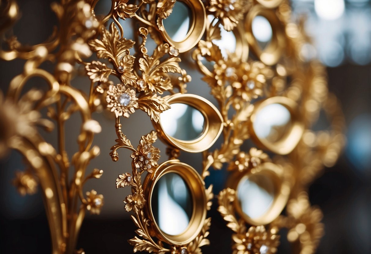 Ornate gold mirrors reflect elegant wedding decor and floral arrangements