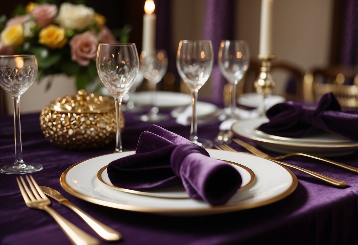 A table set with rich velvet linens in a luxurious, elegant wedding setting