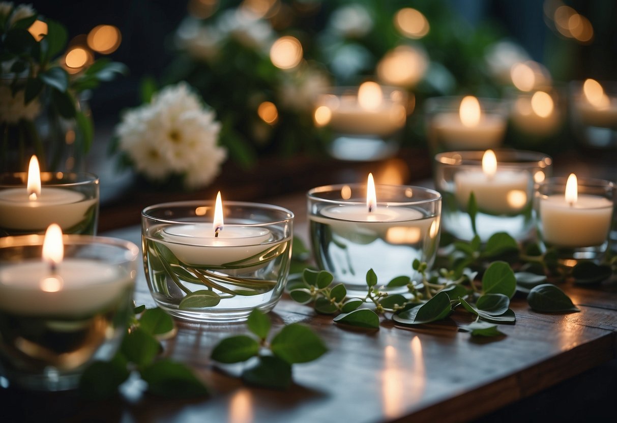 Several glass bowls filled with water, each holding a floating candle. Surrounding them are scattered flower petals and greenery, creating an elegant and simple wedding centerpiece