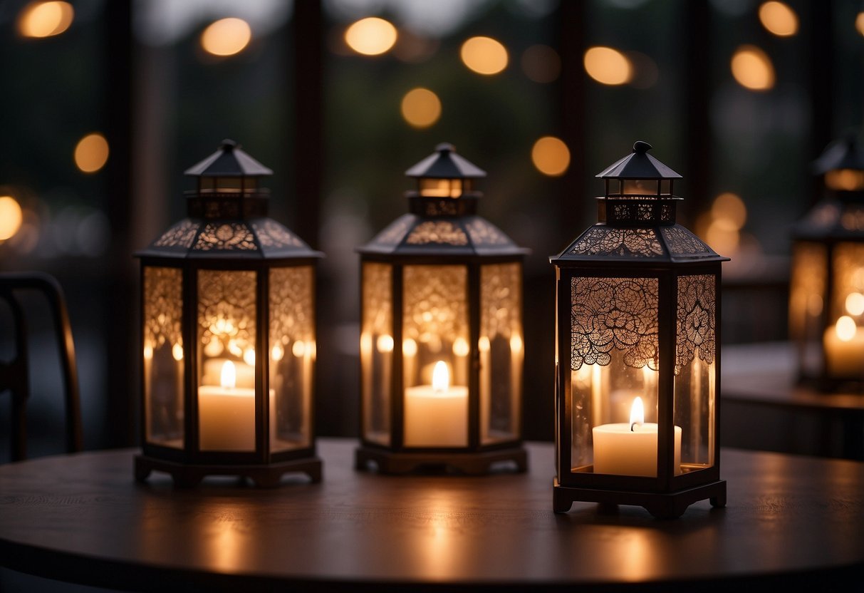 Three sophisticated candle lanterns illuminate an elegant wedding setting, casting a warm and romantic glow