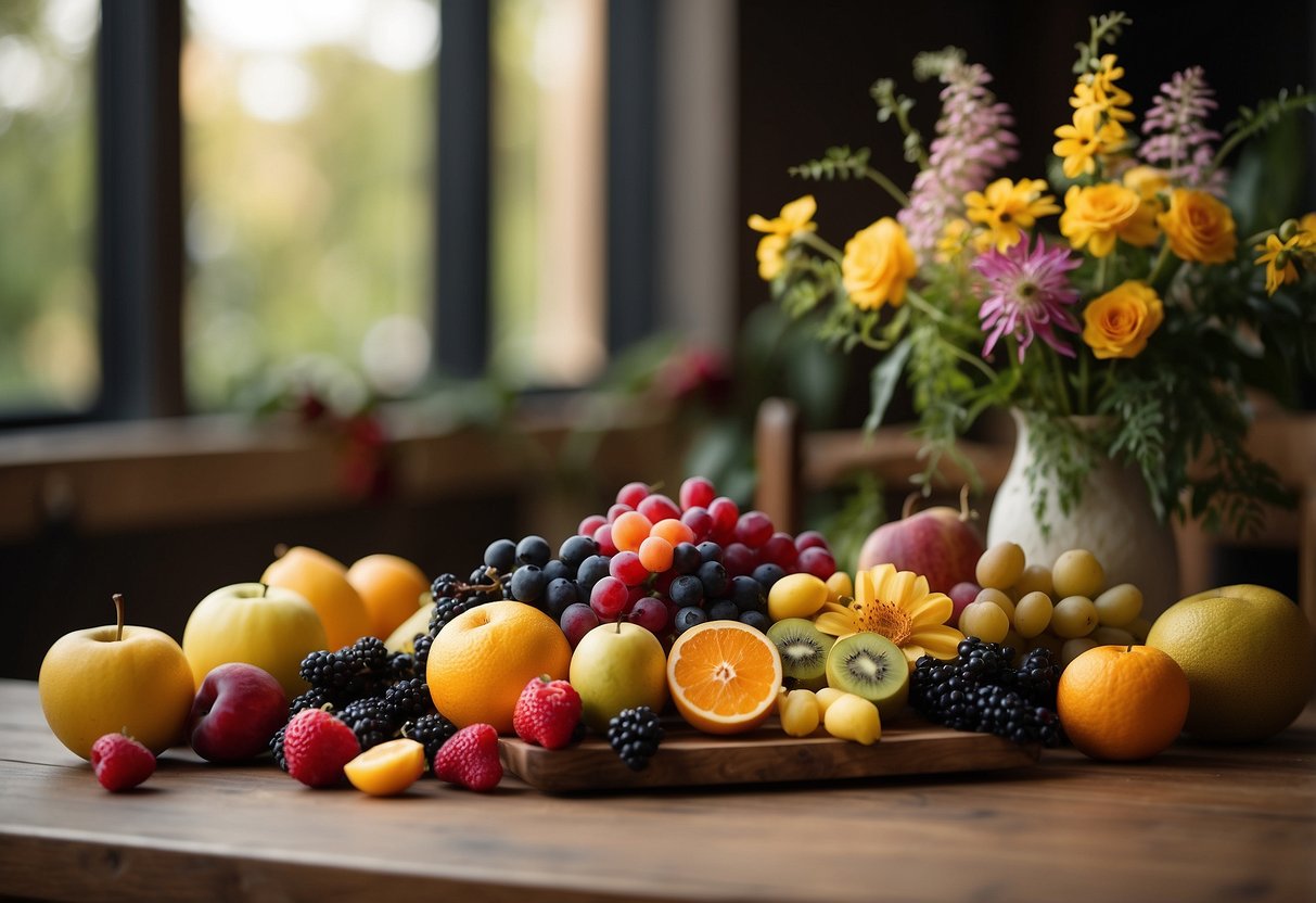 A wooden table adorned with a variety of colorful fruits and vibrant flowers arranged in a beautiful display