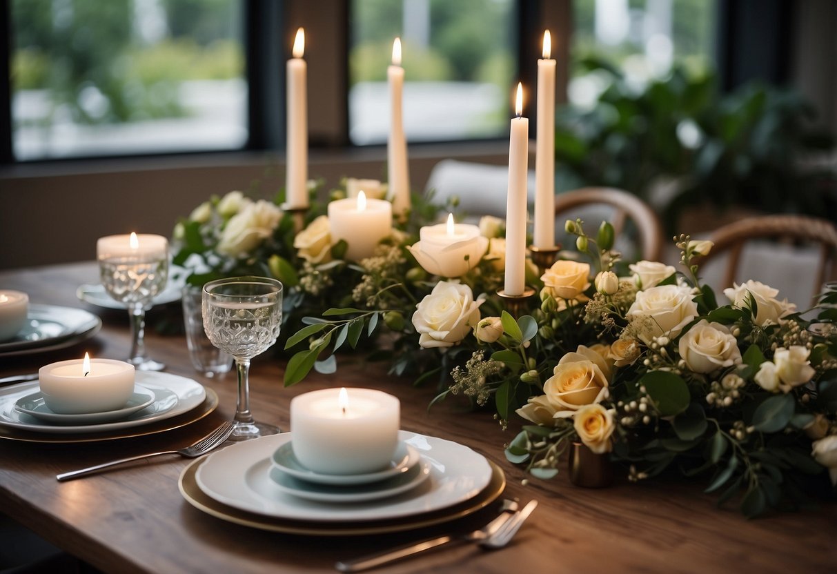 A table with various centerpiece materials: flowers, candles, vases, and greenery. A pair of hands arranging the items