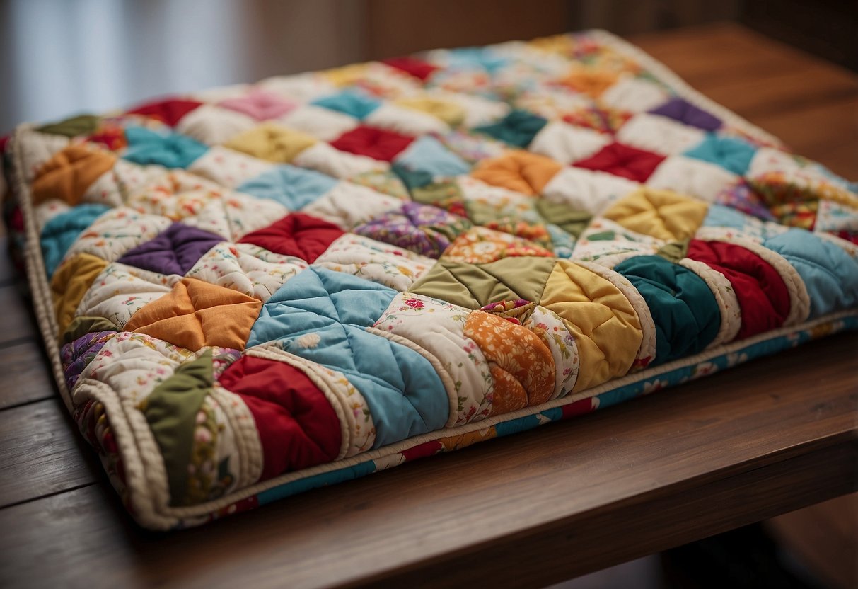 A hand-stitched quilt lies folded on a wooden table, adorned with intricate patterns and delicate stitching