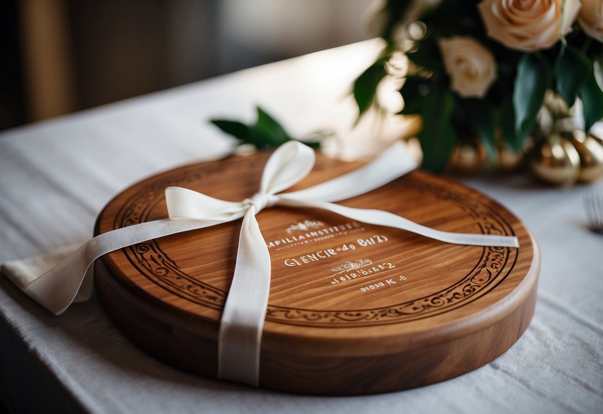 A personalized cutting board with the bride's name and wedding date engraved, wrapped in a delicate ribbon and placed in a gift box