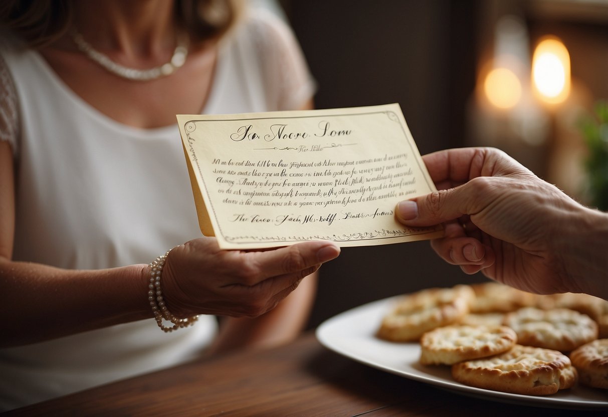 A mother-in-law presents a handwritten recipe card to the bride, symbolizing the passing down of family traditions and recipes